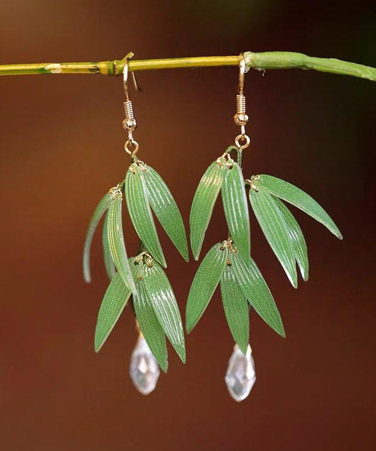 Green Sterling Silver Overgild Pearl Bamboo Leaf Drop Earrings