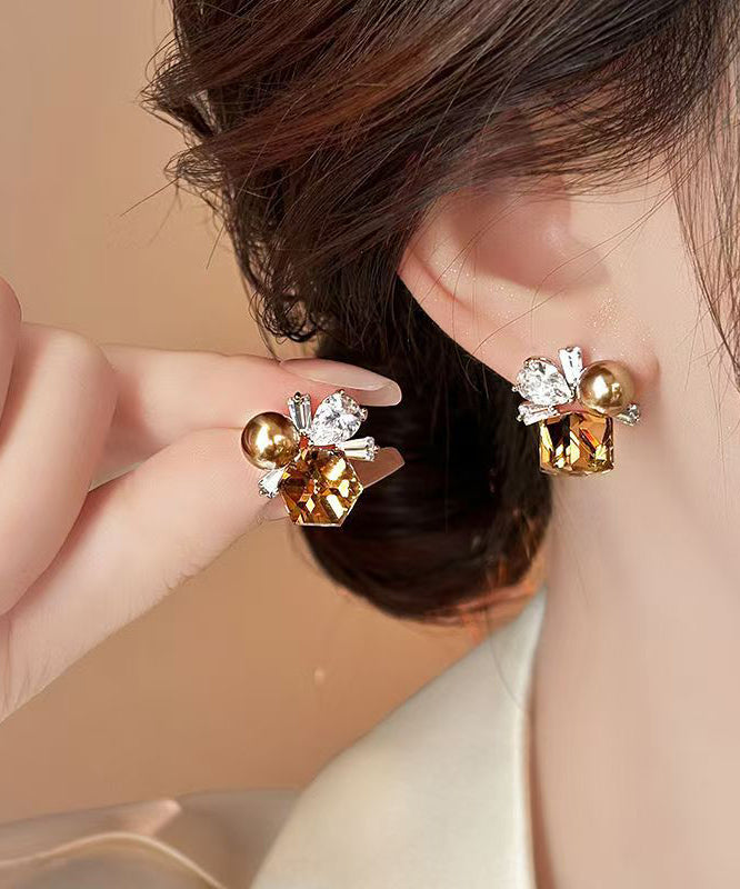 Brown Alloy Crystal Pearl Stud Earrings