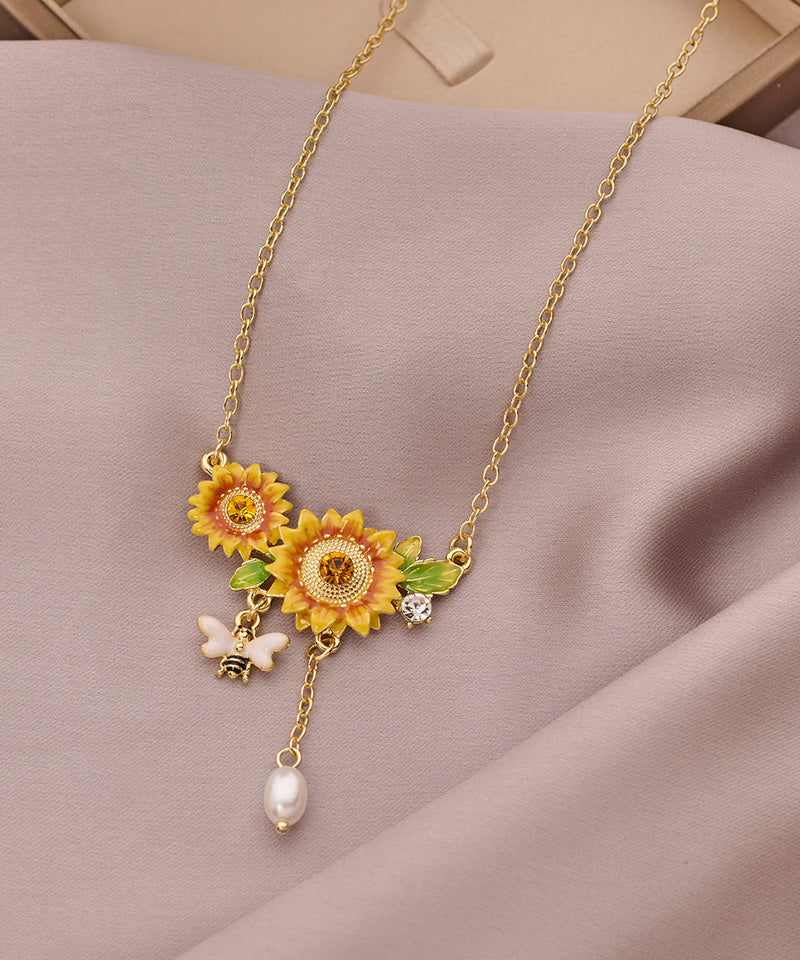 Gold Zircon Sunflower Pearl Tassel Lariat Necklace Bracelet and Drop Earrings Three Piece Set