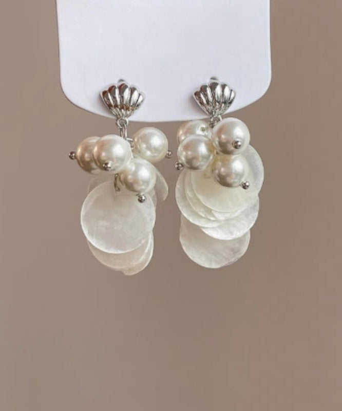 White Sterling Silver Alloy Shell Pearl Tassel Stud Earrings