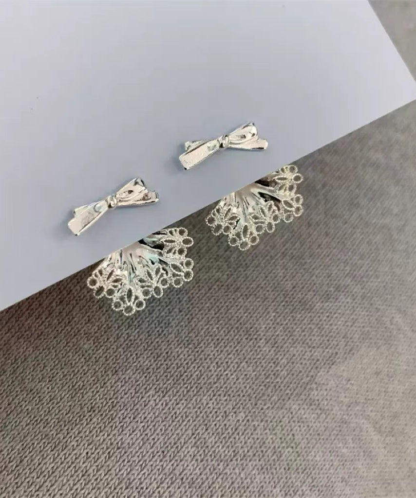 White Sterling Silver Alloy Bow Lace Patchwork Stud Earrings