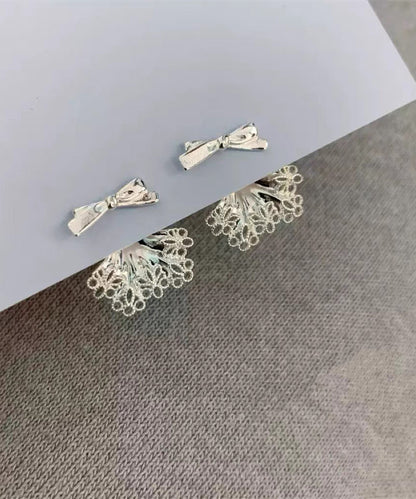 White Sterling Silver Alloy Bow Lace Patchwork Stud Earrings