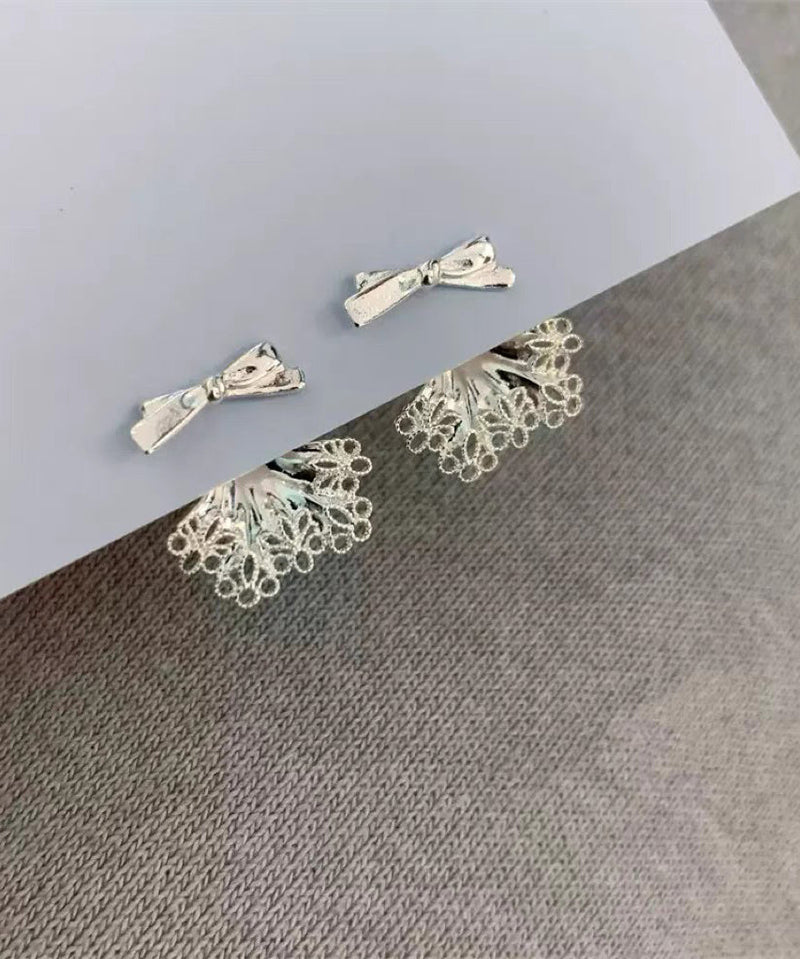 White Sterling Silver Alloy Bow Lace Patchwork Stud Earrings
