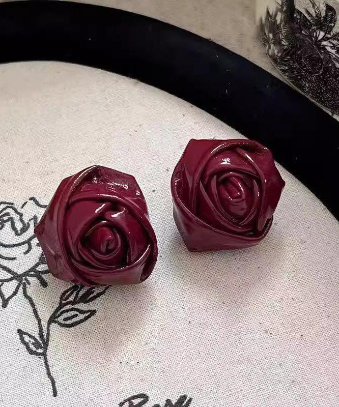 Handmade Red Pu Rose Stud Earrings