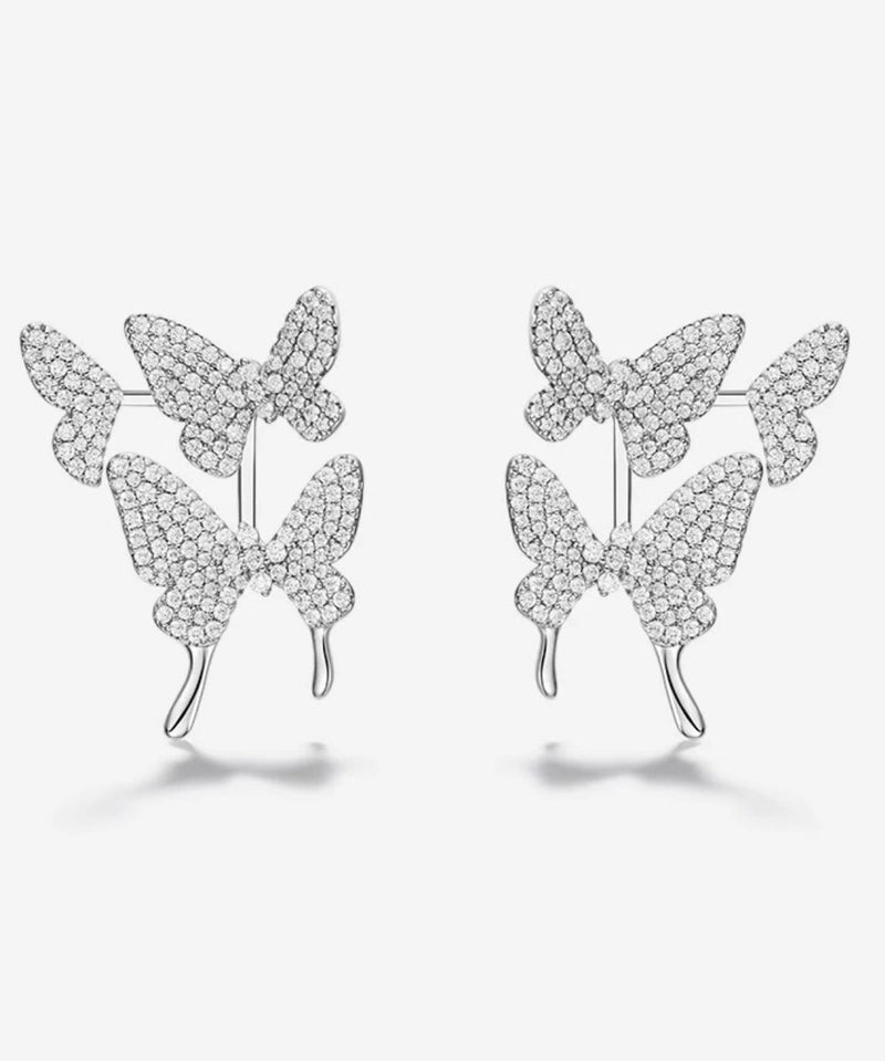Modern Silk Sterling Silver Zircon Butterfly Stud Earrings