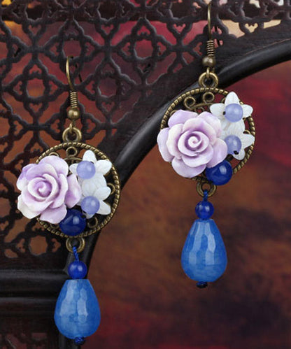 Blue Copper Shell Flower Chalcedony Drop Earrings