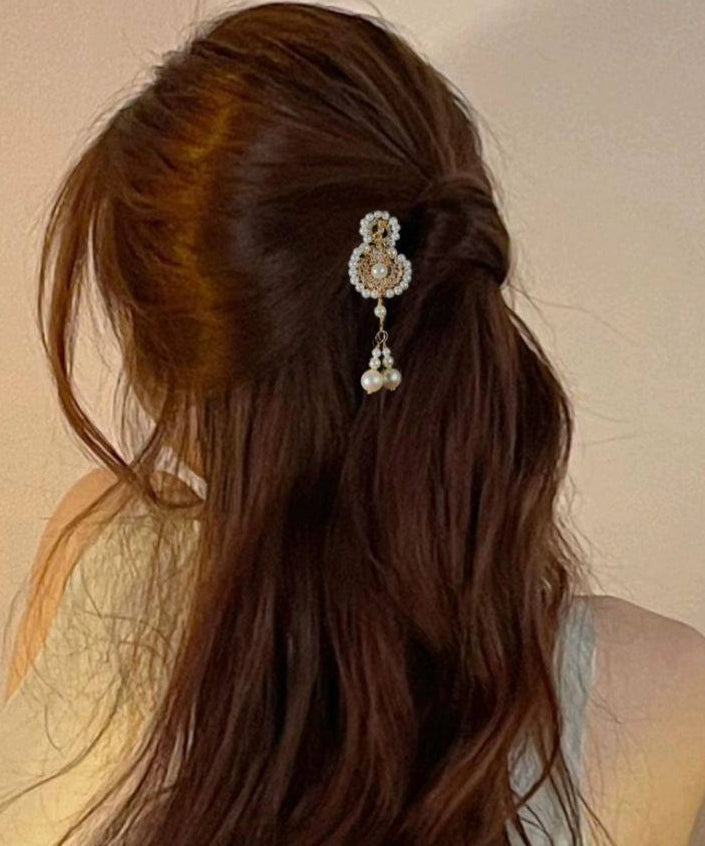 Chinese Style White Alloy Pearl Calabash Tassel Hairpin