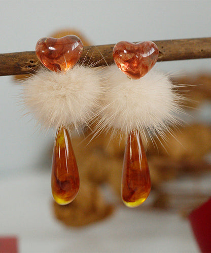 Orange Plastics Resin Fuzzy Ball Decorated Drop Earrings