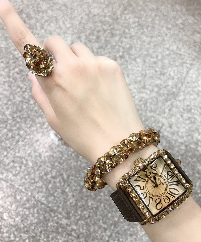 Unique Gold Alloy Zircon Crystal Chain Ring ,bracelet and Watch Three Piece Set