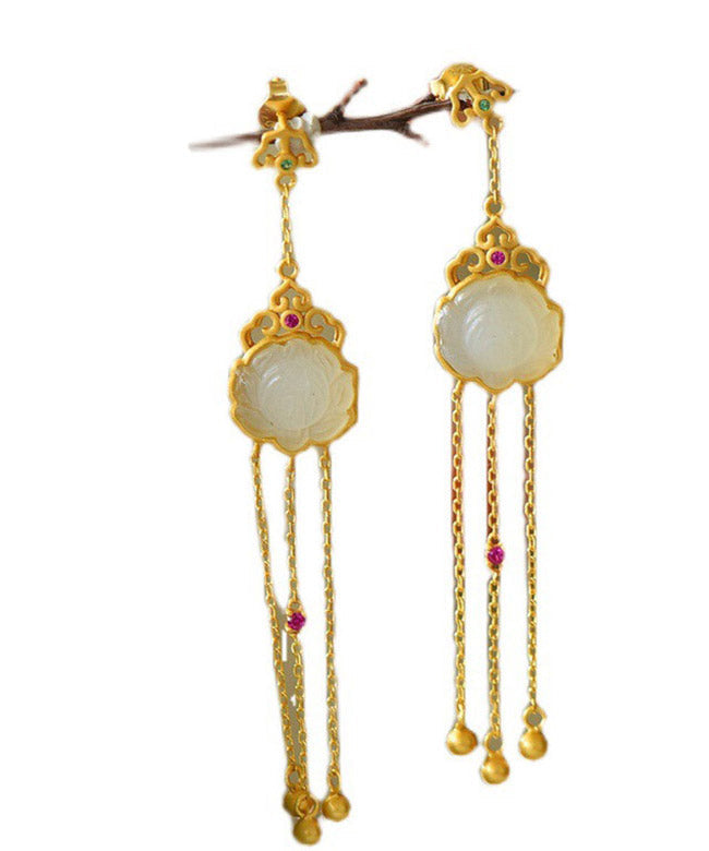 Yellow Sterling Silver Jade Tassel Drop Earrings