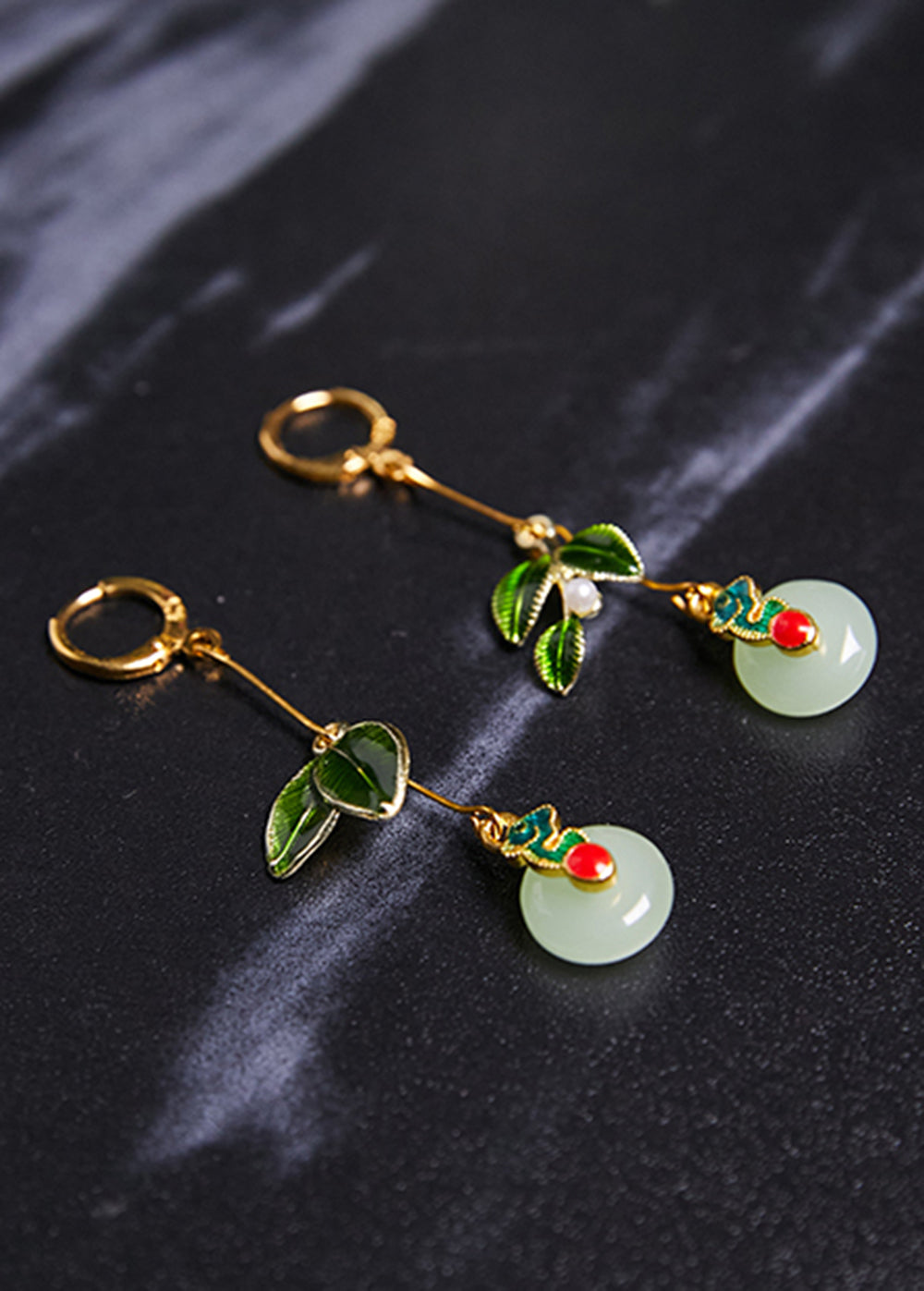 Metal Green Leaf Circular Jade Drop Earrings