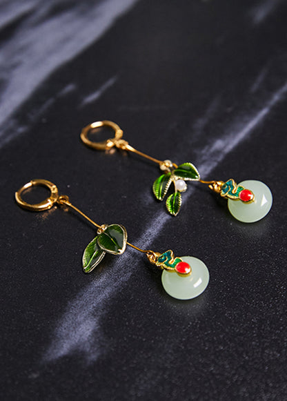 Metal Green Leaf Circular Jade Drop Earrings