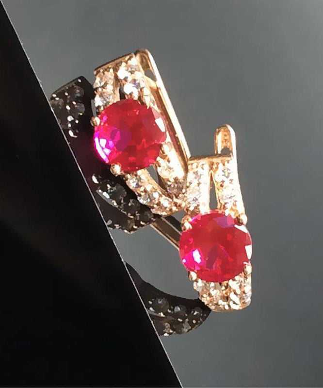 Rose Alloy Inlaid Gem Stone Zircon Hoop Earrings