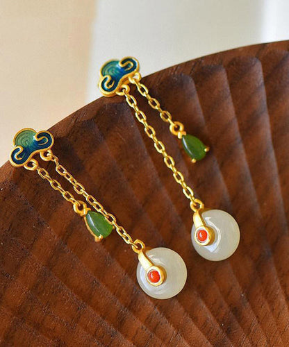 Yellow Overgild Jade Agate Auspicious Clouds Drop Earrings