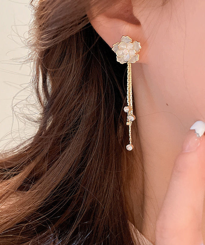 Gold Copper Alloy Zircon Camellia Tassel Drop Earrings