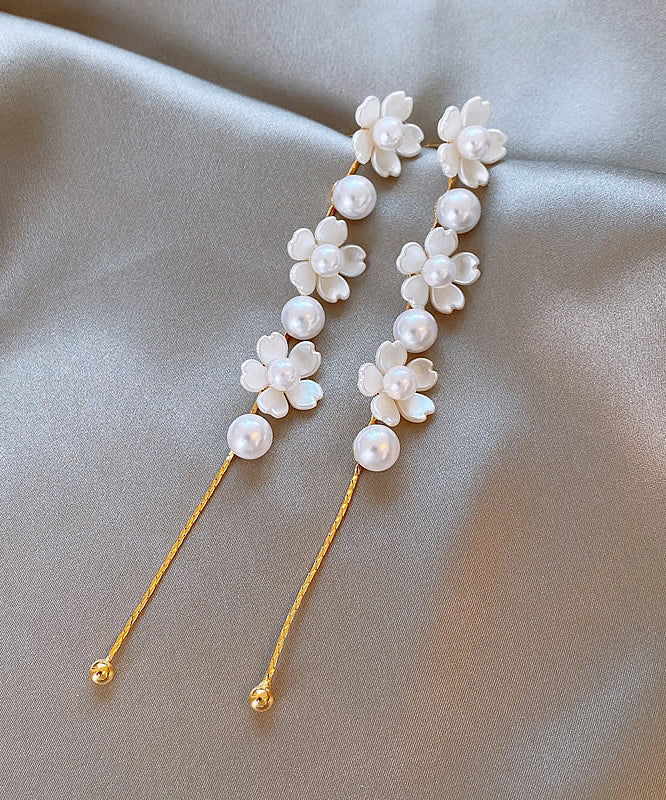 Classy White Copper Pearl Tassel Drop Earrings