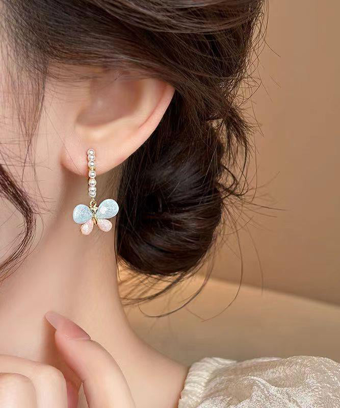 Rainbow Alloy Pearl Butterfly Hoop Earrings