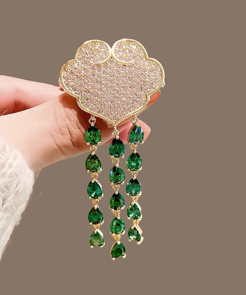 Green Alloy Auspicious Clouds Crystal Tassel Brooch