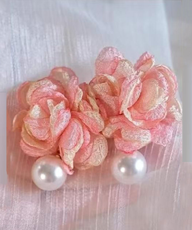 Pink Cloth Pearl Stud Earrings