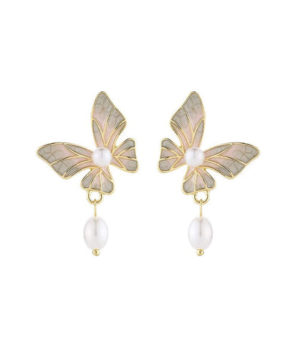 Stylish Blue Copper Overgild Drip Glaze Butterfly Pearl Tassel Drop Earrings