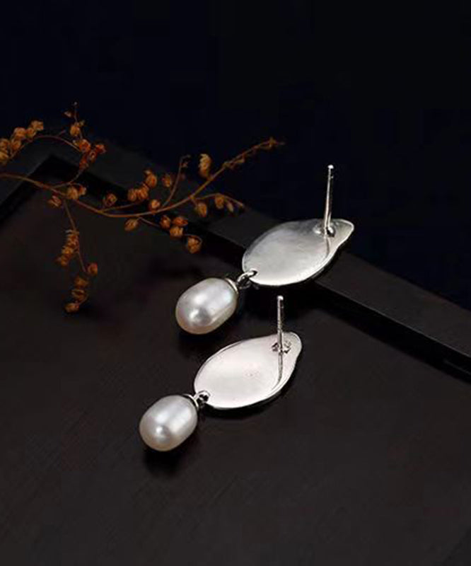 Colorblock Sterling Silver Pearl Leaf Drop Earrings