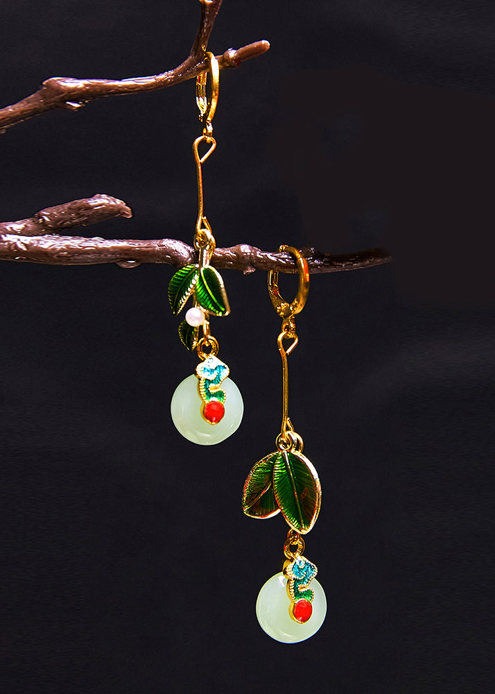 Metal Green Leaf Circular Jade Drop Earrings