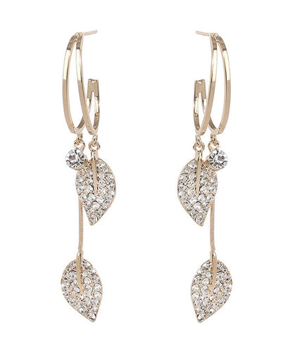 Gold Sterling Silver Zircon Leaf Drop Earrings