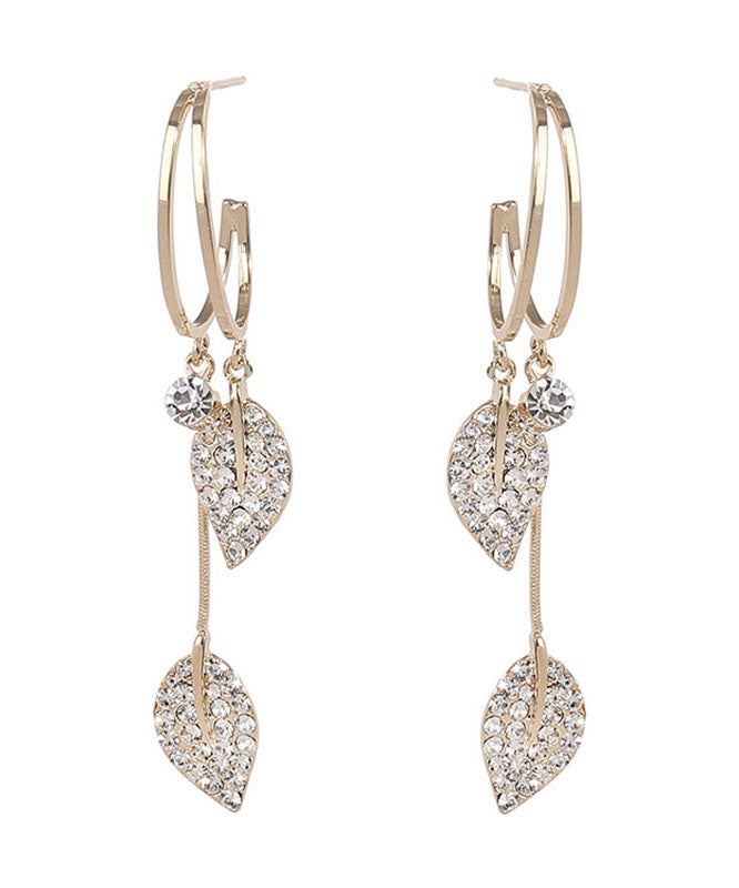 Gold Sterling Silver Zircon Leaf Drop Earrings