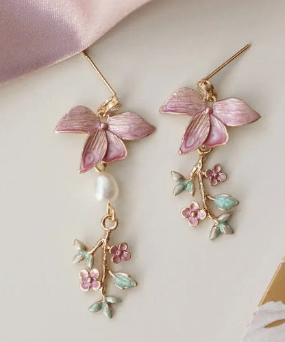 Modern Pink Copper Overgild Pearl Drop Earrings