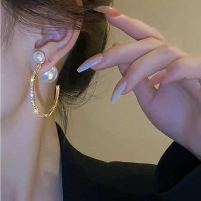 Gold Sterling Silver Alloy Zircon Pearl Hoop Earrings