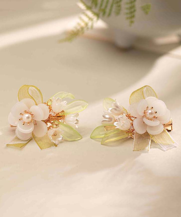 Chinese Style White Alloy Pearl Colored Glaze Chiffon Ribbon Hairpin