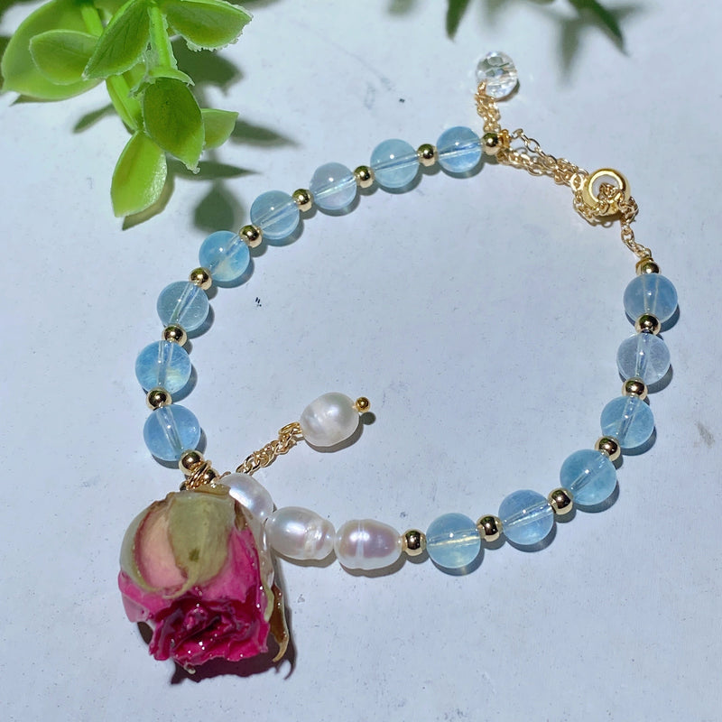 Mixed Crystal Healing Bracelet With Pearl Rose Flower Accent