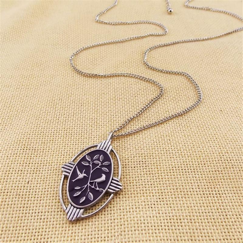 Carved Tree Birds Long Necklace