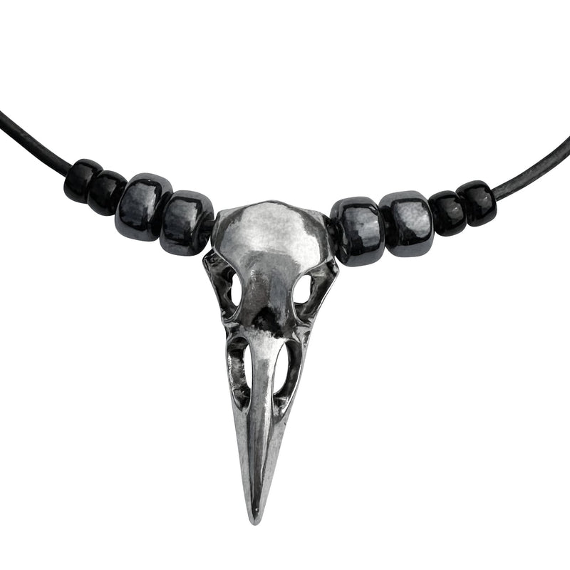 Large Silver Raven Skull Pendant on Beaded Black Leather Cord Necklace - 16