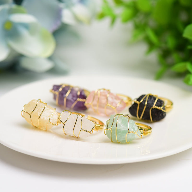 Raw Stone Spiritual Ring With Natural Crystal