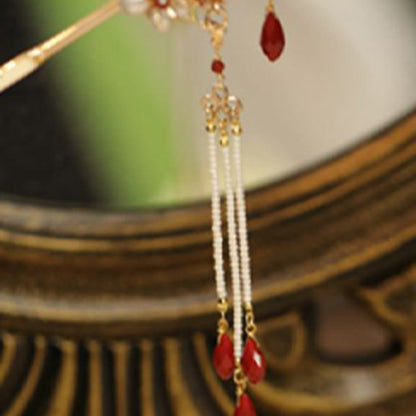 Red Flower Butterfly Pearl Tassel Hair Clip Comb Crown, Spiritual Jewelry