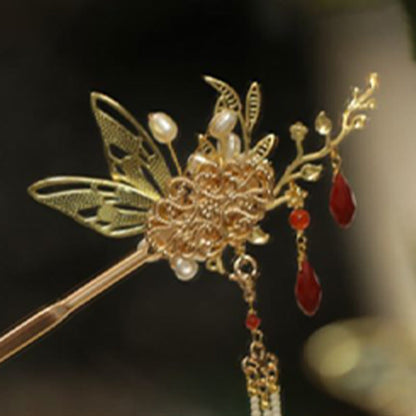 Red Flower Butterfly Pearl Tassel Hair Clip Comb Crown, Spiritual Jewelry