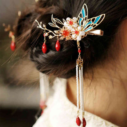 Red Flower Butterfly Pearl Tassel Hair Clip Comb Crown, Spiritual Jewelry