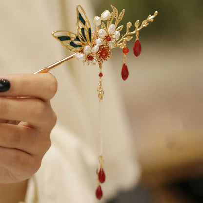 Red Flower Butterfly Pearl Tassel Hair Clip Comb Crown, Spiritual Jewelry