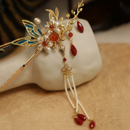 Red Flower Butterfly Pearl Tassel Hair Clip Comb Crown, Spiritual Jewelry