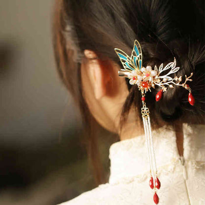 Red Flower Butterfly Pearl Tassel Hair Clip Comb Crown, Spiritual Jewelry