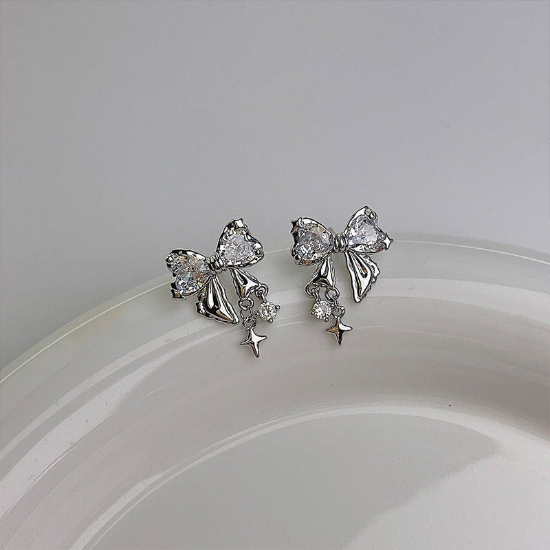 Silver Bow Earrings (pink/clear) - Caroline