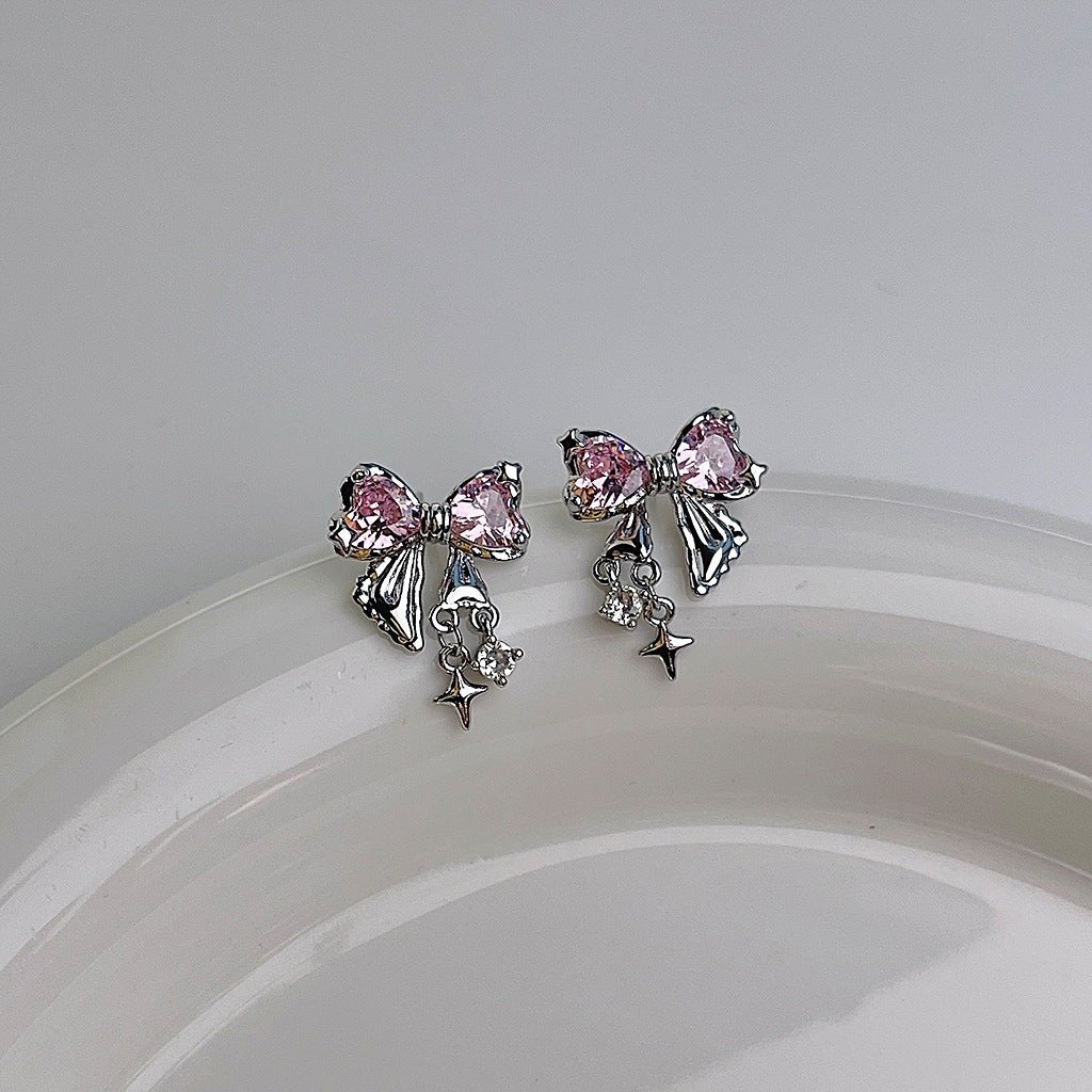 Silver Bow Earrings (pink/clear) - Caroline