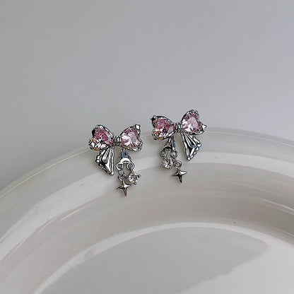 Silver Bow Earrings (pink/clear) - Caroline