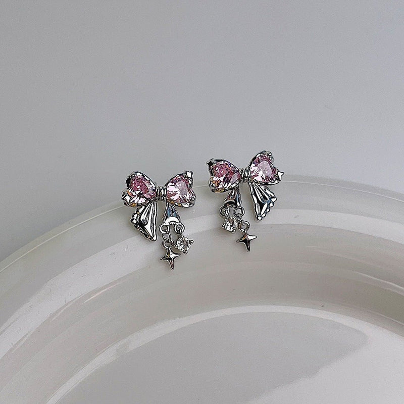 Silver Bow Earrings (pink/clear) - Caroline